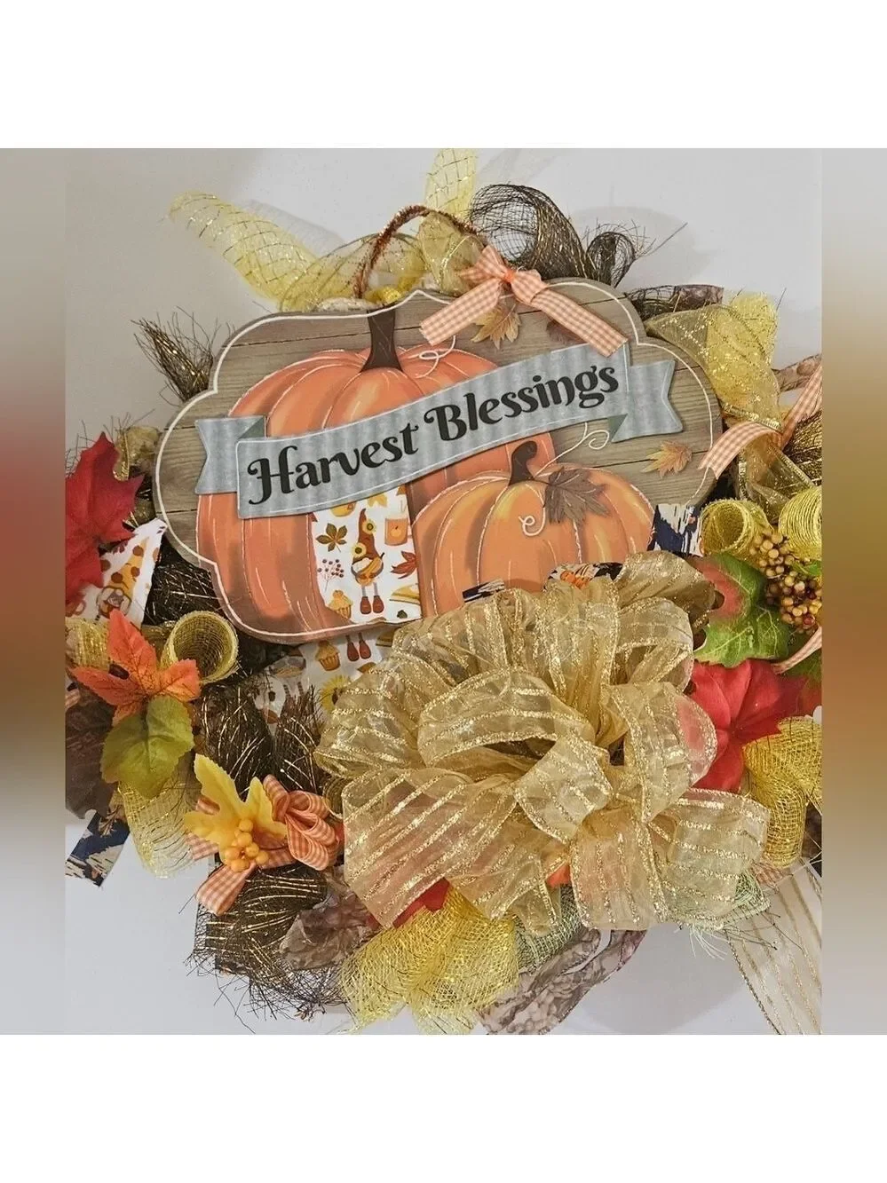 Hand Crafted handmade holiday wreath Harvest Blessings Gnome fabric plaid ribbon